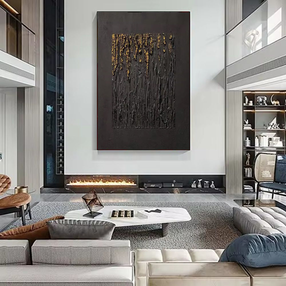 Large Black Abstract Handmade Painting Gold Textured Wall Art Minimalist Wabi-sabi Modern Home Living Room Decor