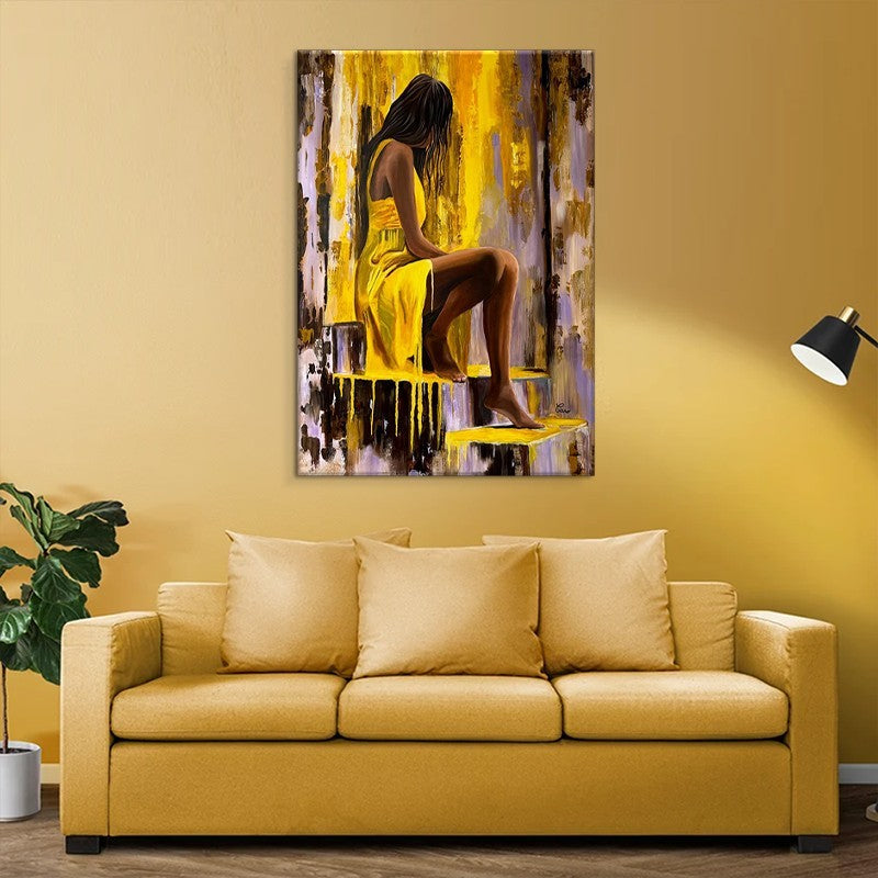 Hand-Painted Oil Painting Modern Art Picture People Girl In Yellow Dress Home Living Room Bedroom Bathroom Canvas Wall Art Decor