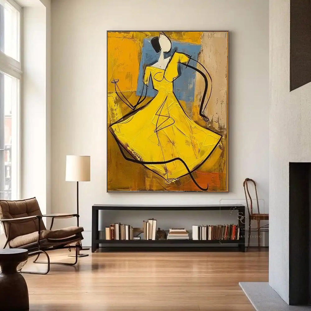 Hand-painted People Oil Painting On Canvas Abstract Large Yellow Texture Vintage Wall Art Wabi Sabi Painting Bedroom Large Wall Decor Gift Painting