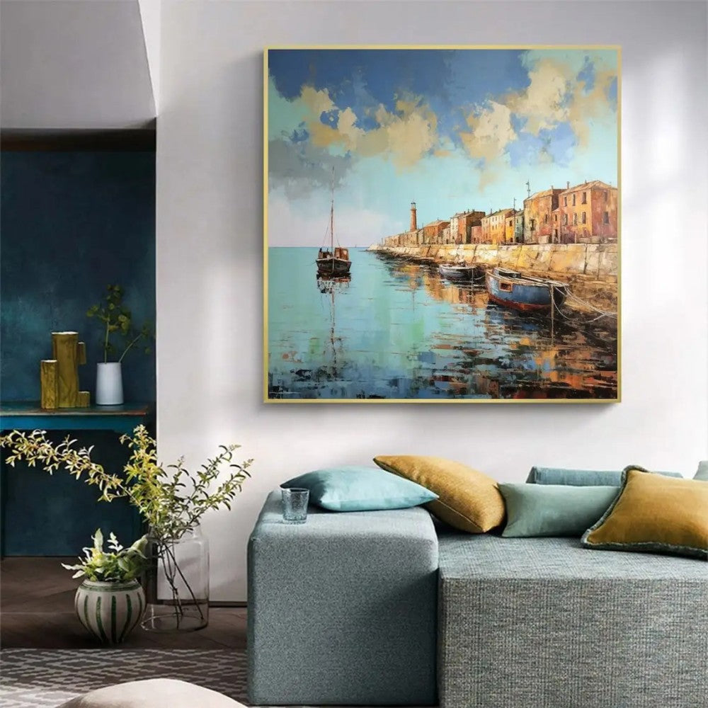 Landscape Oil Painting On Canvas Abstract Pier Scenery Wall Art Custom Boat Painting Bedroom Large Wall Decor Gift Painting