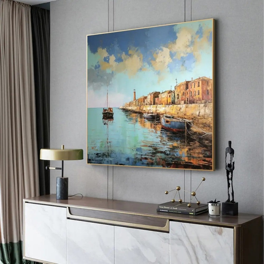 Landscape Oil Painting On Canvas Abstract Pier Scenery Wall Art Custom Boat Painting Bedroom Large Wall Decor Gift Painting