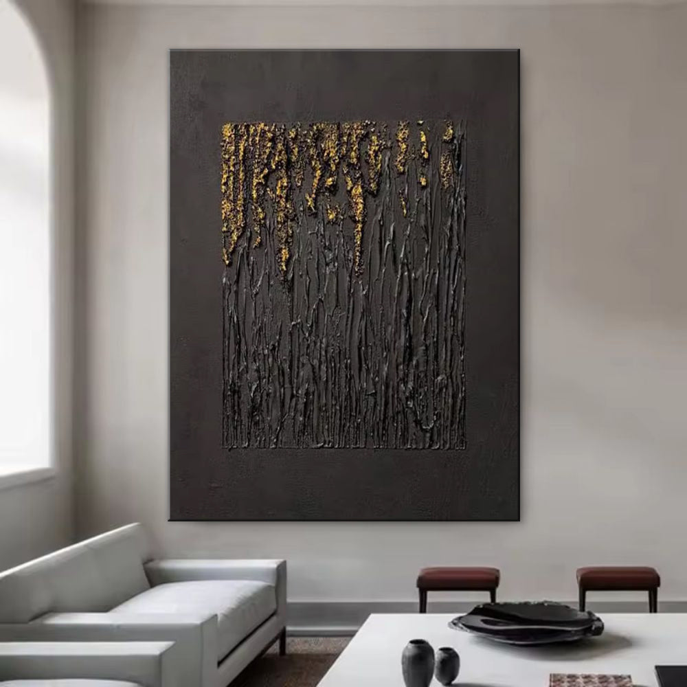 Large Black Abstract Handmade Painting Gold Textured Wall Art Minimalist Wabi-sabi Modern Home Living Room Decor