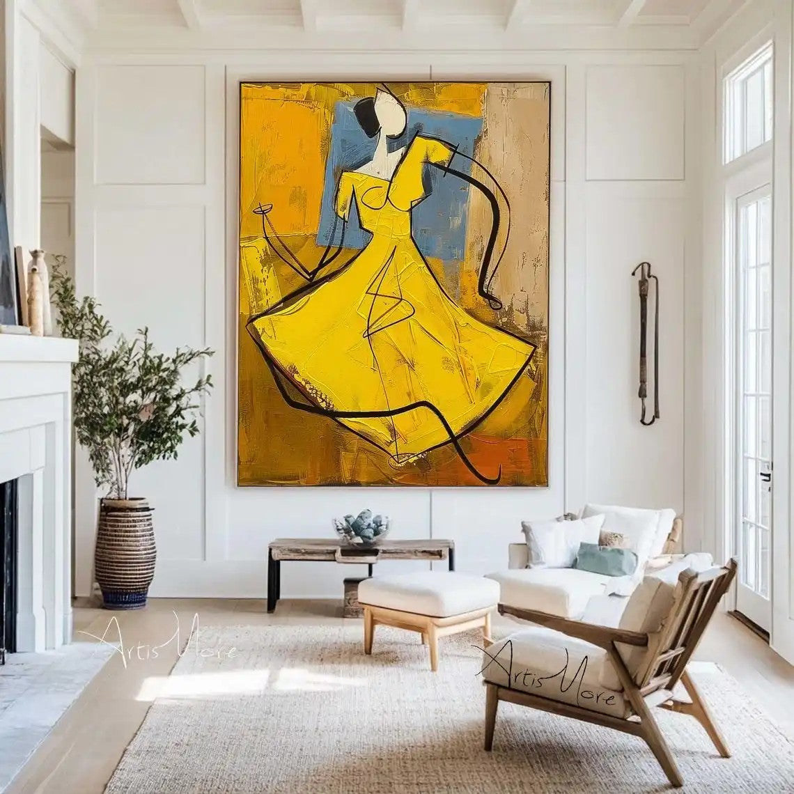 Hand-painted People Oil Painting On Canvas Abstract Large Yellow Texture Vintage Wall Art Wabi Sabi Painting Bedroom Large Wall Decor Gift Painting