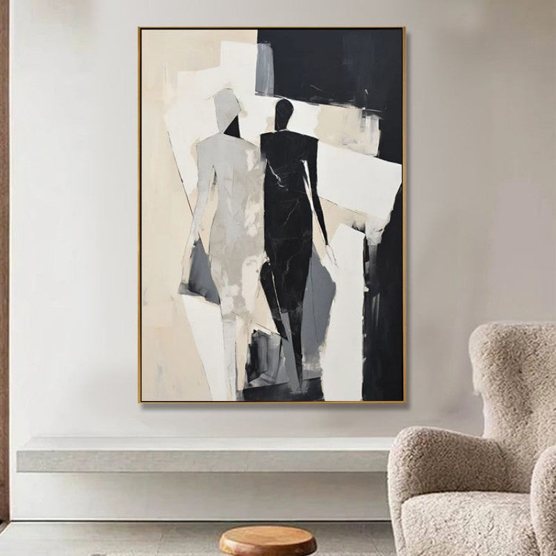Abstract Decorative Painting Of Black And White Fashionable People Hand-Painted Oil Painting Canvas Wall Art For Home Living Room Decor Rolled Frameless Unstretched Painting