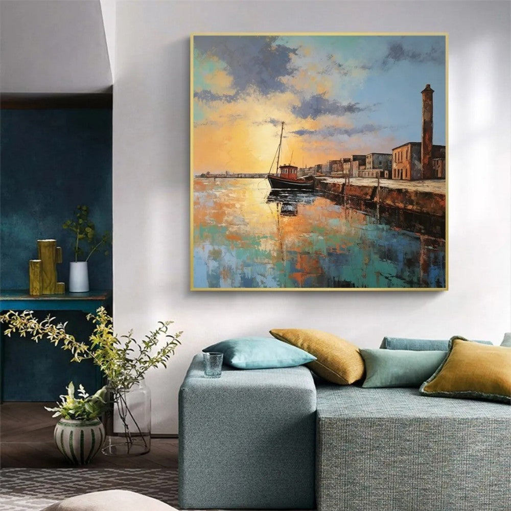 Landscape Oil Painting On Canvas Abstract Pier Scenery Wall Art Custom Boat Painting Bedroom Large Wall Decor Gift Painting