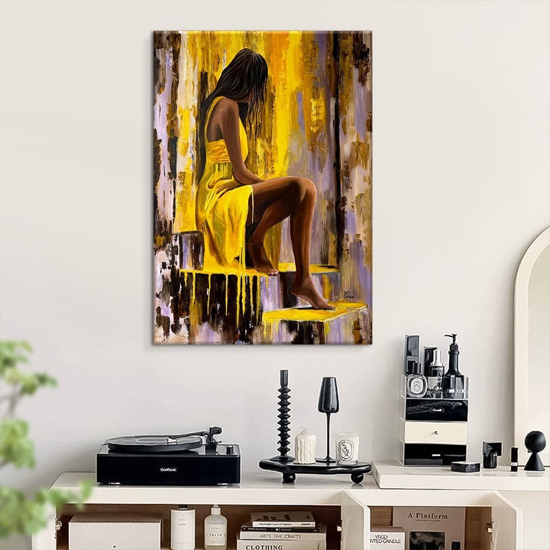 Hand-Painted Oil Painting Modern Art Picture People Girl In Yellow Dress Home Living Room Bedroom Bathroom Canvas Wall Art Decor
