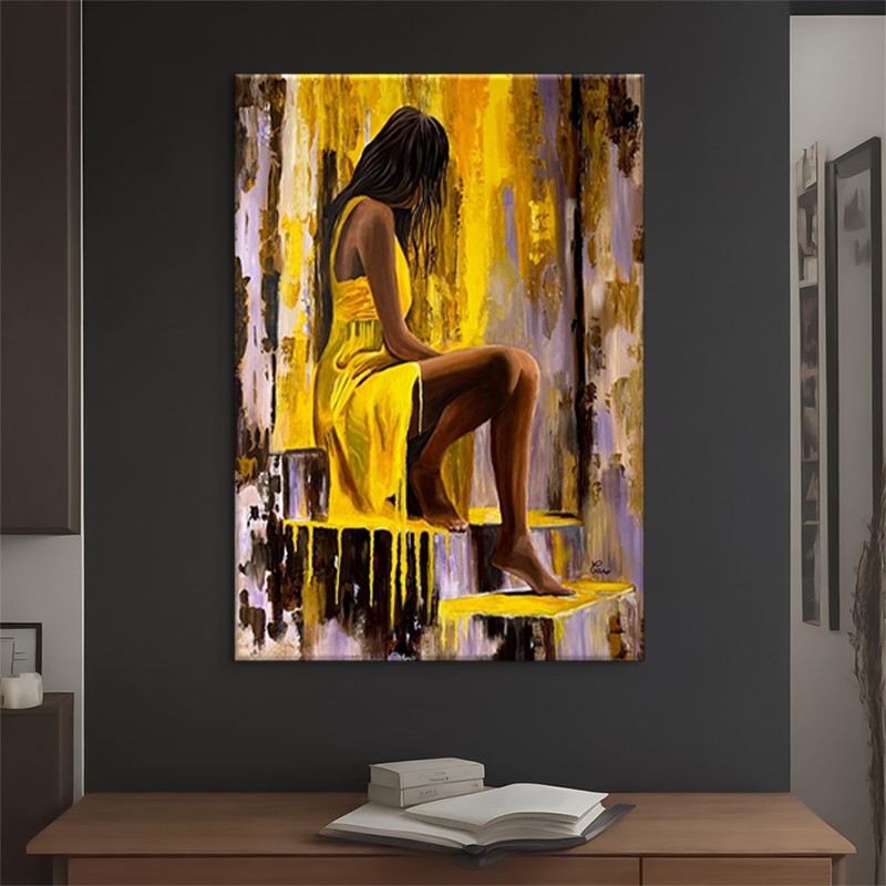 Hand-Painted Oil Painting Modern Art Picture People Girl In Yellow Dress Home Living Room Bedroom Bathroom Canvas Wall Art Decor