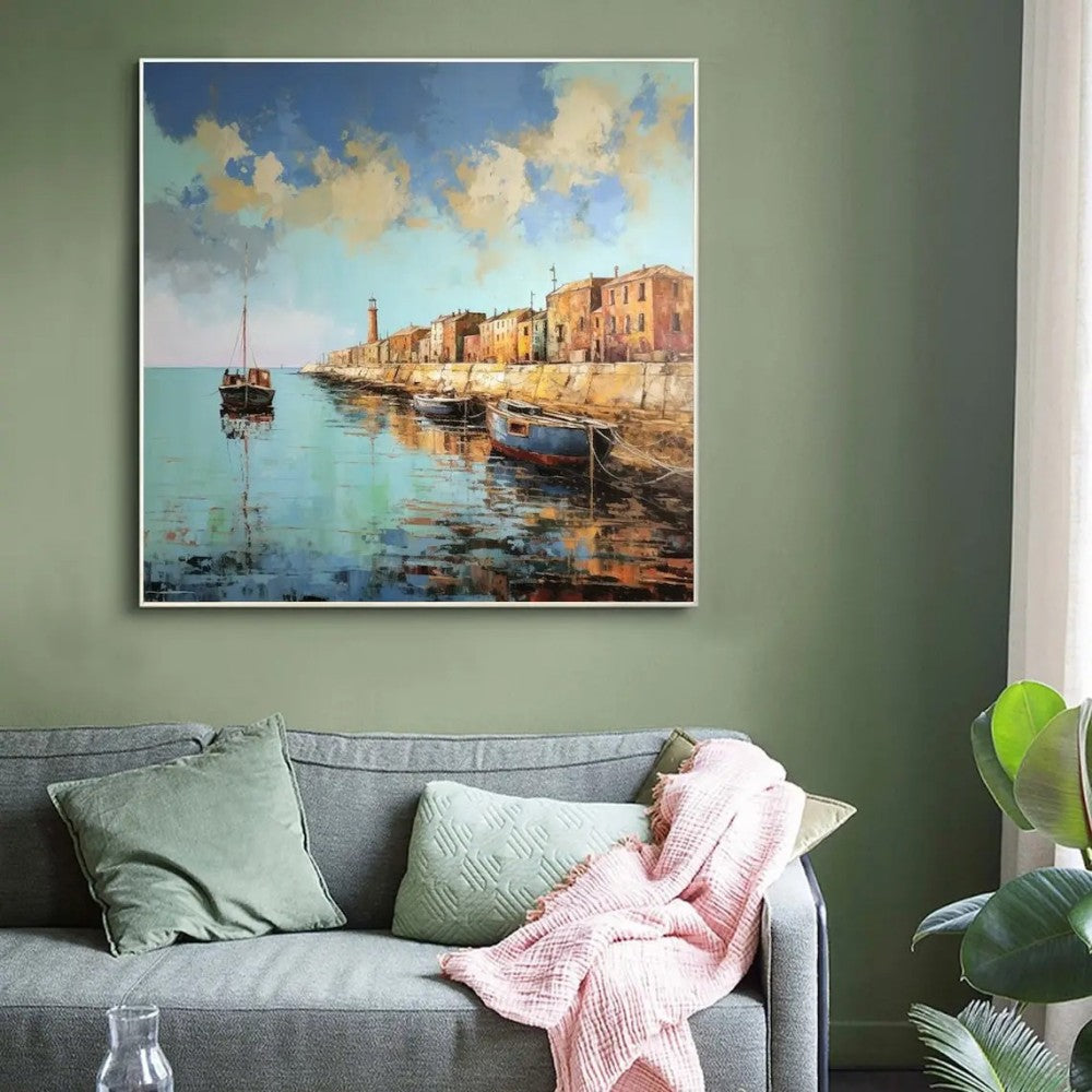 Landscape Oil Painting On Canvas Abstract Pier Scenery Wall Art Custom Boat Painting Bedroom Large Wall Decor Gift Painting