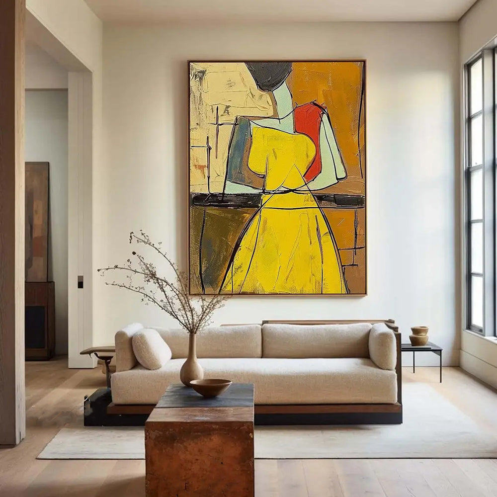Hand-painted People Oil Painting On Canvas Abstract Large Yellow Texture Vintage Wall Art Wabi Sabi Painting Bedroom Large Wall Decor Gift Painting