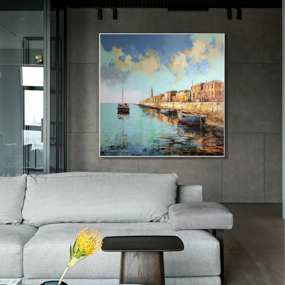 Landscape Oil Painting On Canvas Abstract Pier Scenery Wall Art Custom Boat Painting Bedroom Large Wall Decor Gift Painting