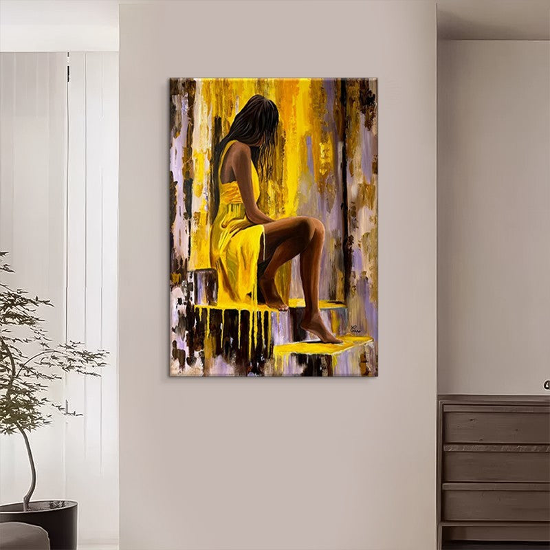 Hand-Painted Oil Painting Modern Art Picture People Girl In Yellow Dress Home Living Room Bedroom Bathroom Canvas Wall Art Decor