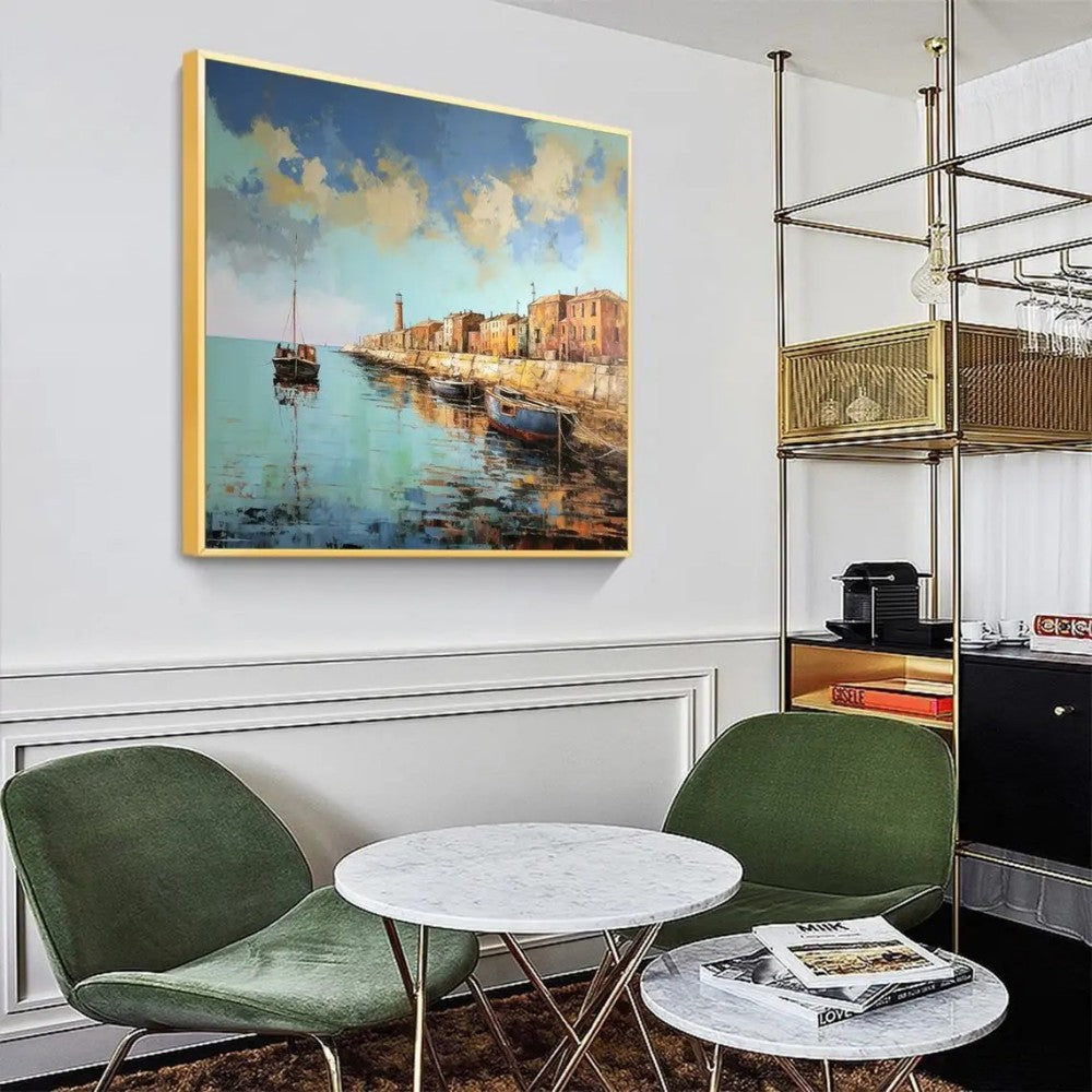 Landscape Oil Painting On Canvas Abstract Pier Scenery Wall Art Custom Boat Painting Bedroom Large Wall Decor Gift Painting