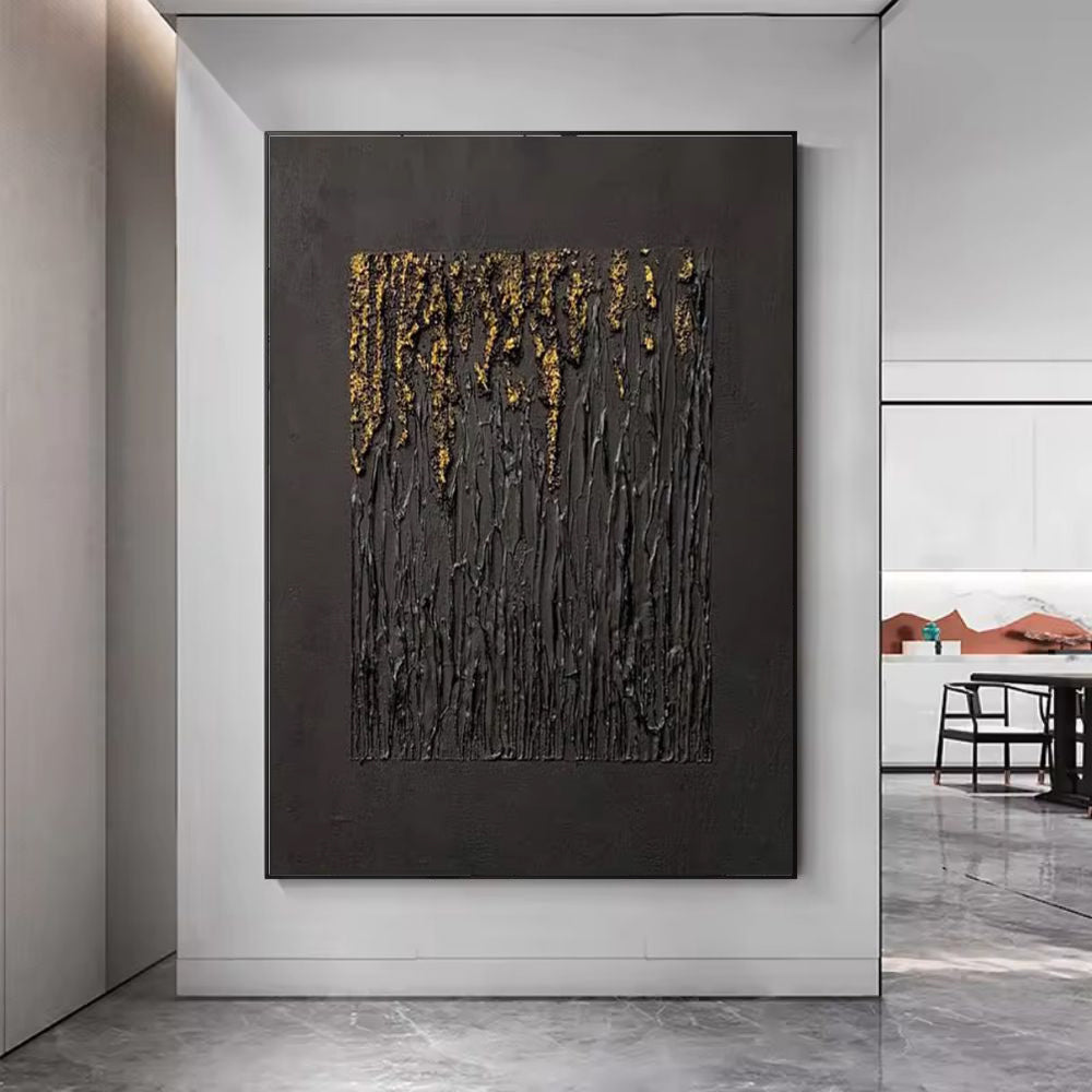 Large Black Abstract Handmade Painting Gold Textured Wall Art Minimalist Wabi-sabi Modern Home Living Room Decor