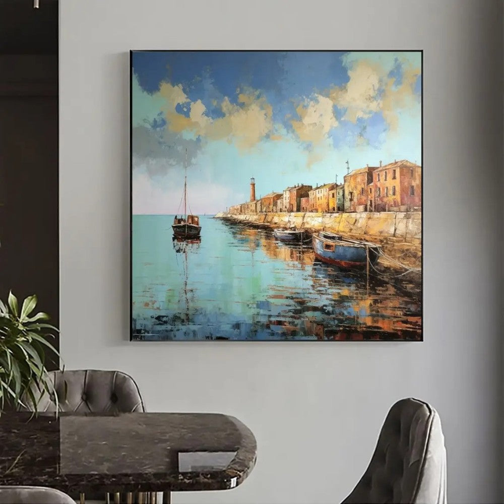Landscape Oil Painting On Canvas Abstract Pier Scenery Wall Art Custom Boat Painting Bedroom Large Wall Decor Gift Painting